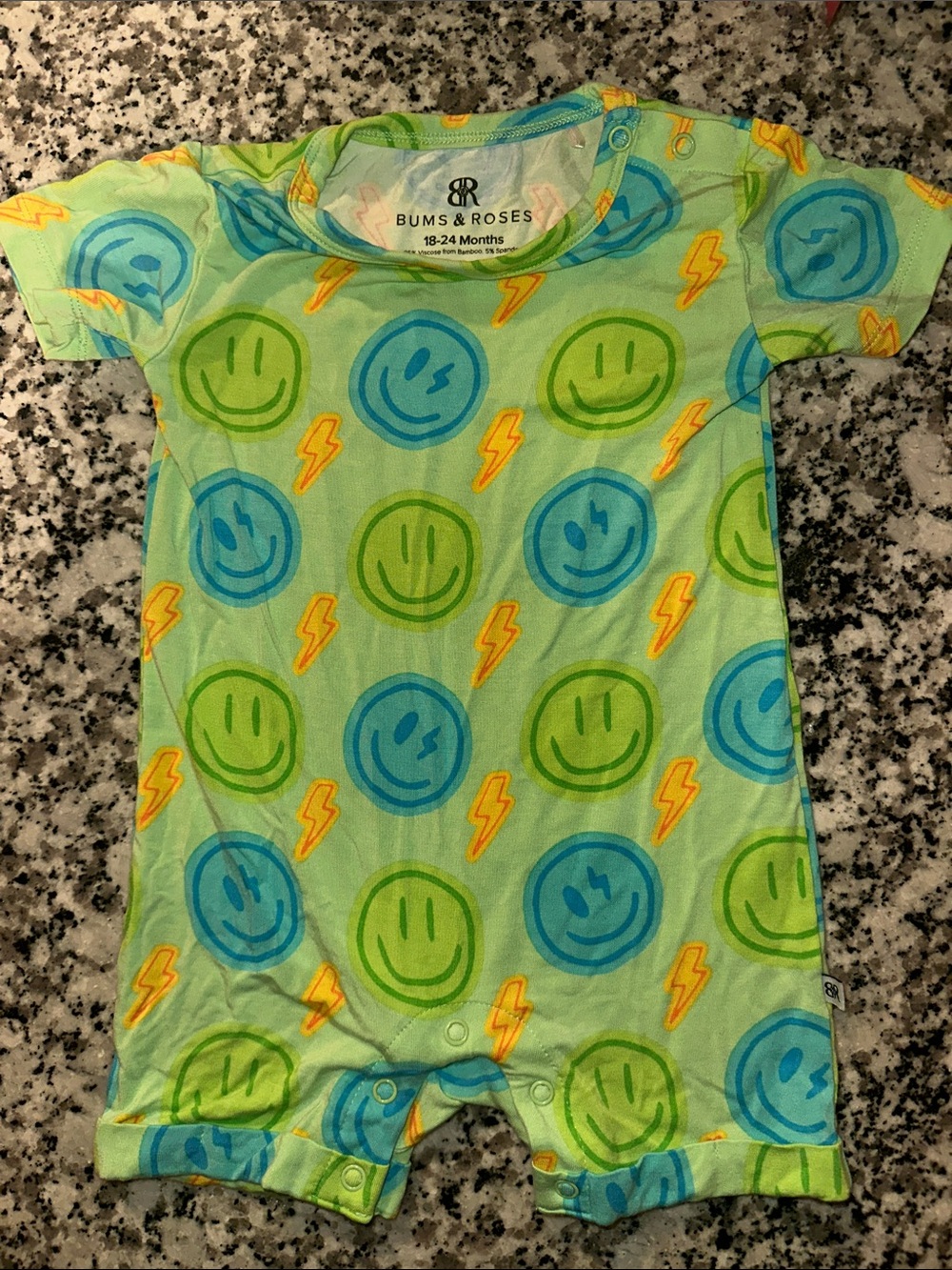 Bums and Roses Green Smiley Lightning Short Romper - 18-24 Months